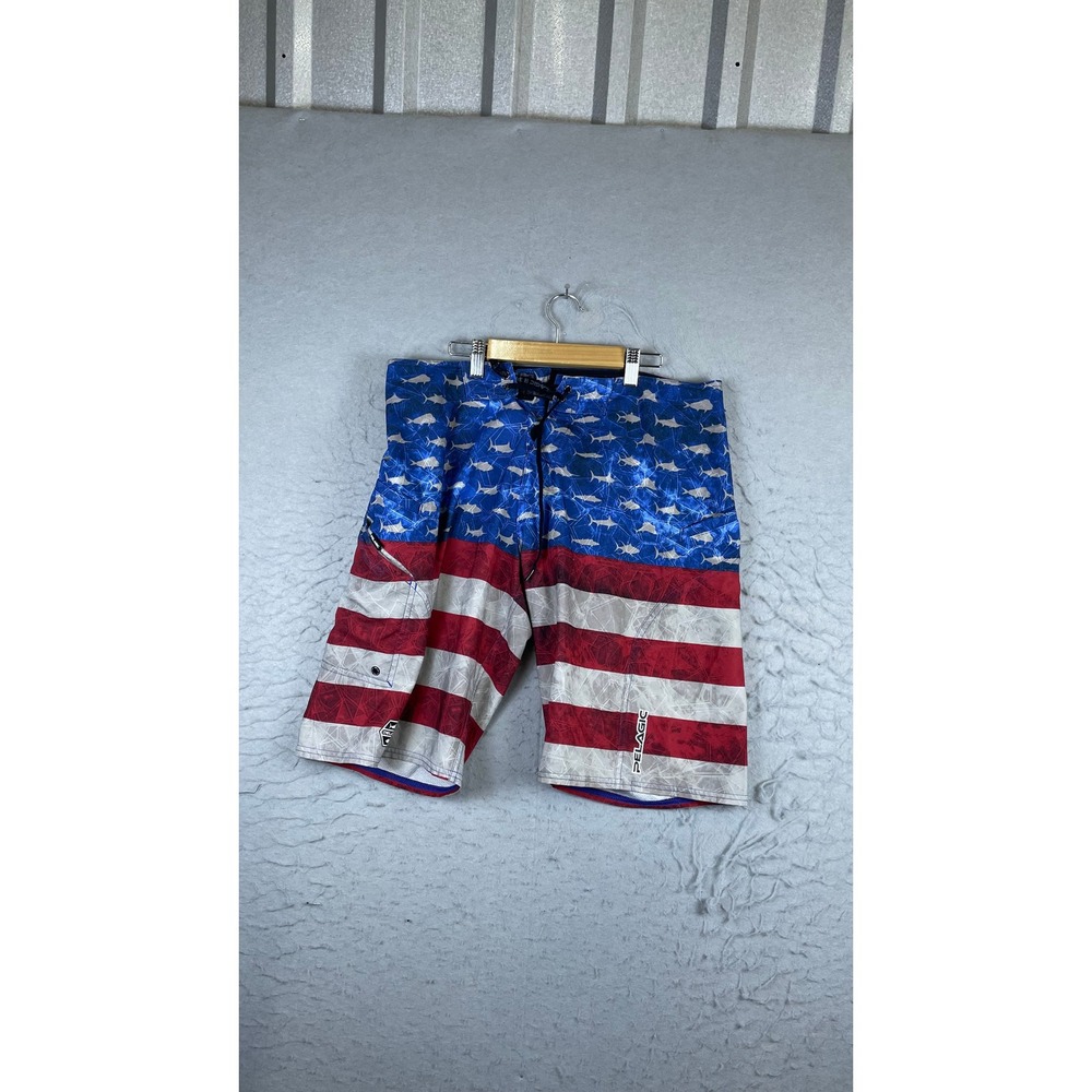 Pelagic Boardshorts Mens 32 American Flag Red White Blue Excellent Shark Fishing
